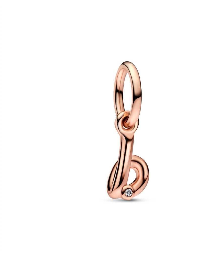 Front of a size O/S Letter B Script Alphabet Dangle Charm in Rose Gold in Rose Gold by Pandora. | dia_product_style_image_id:329720